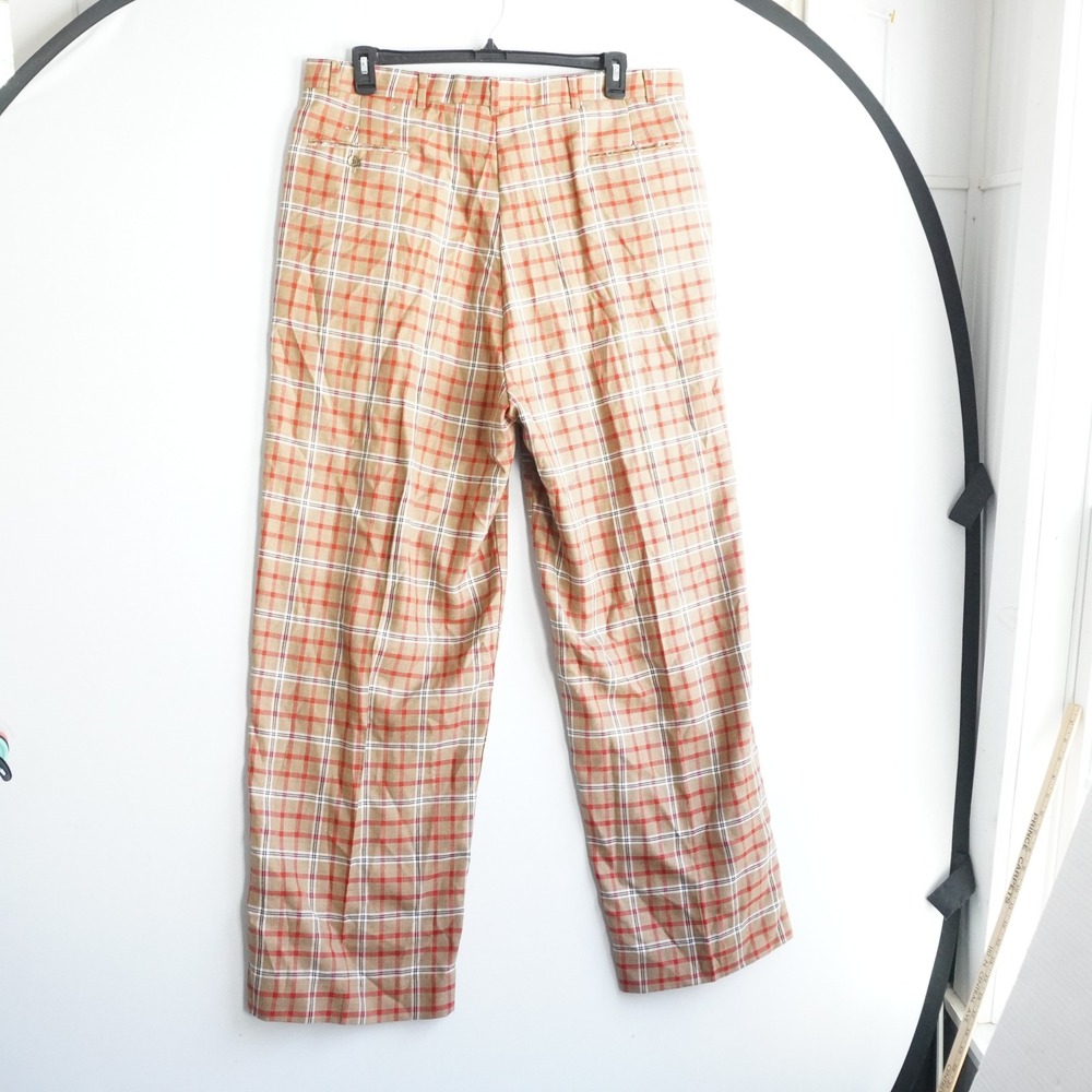 VTG Smokey Joe Pleated Plaid Trousers 40 Tan Orange Red Straight Leg Pants - Picture 5 of 12